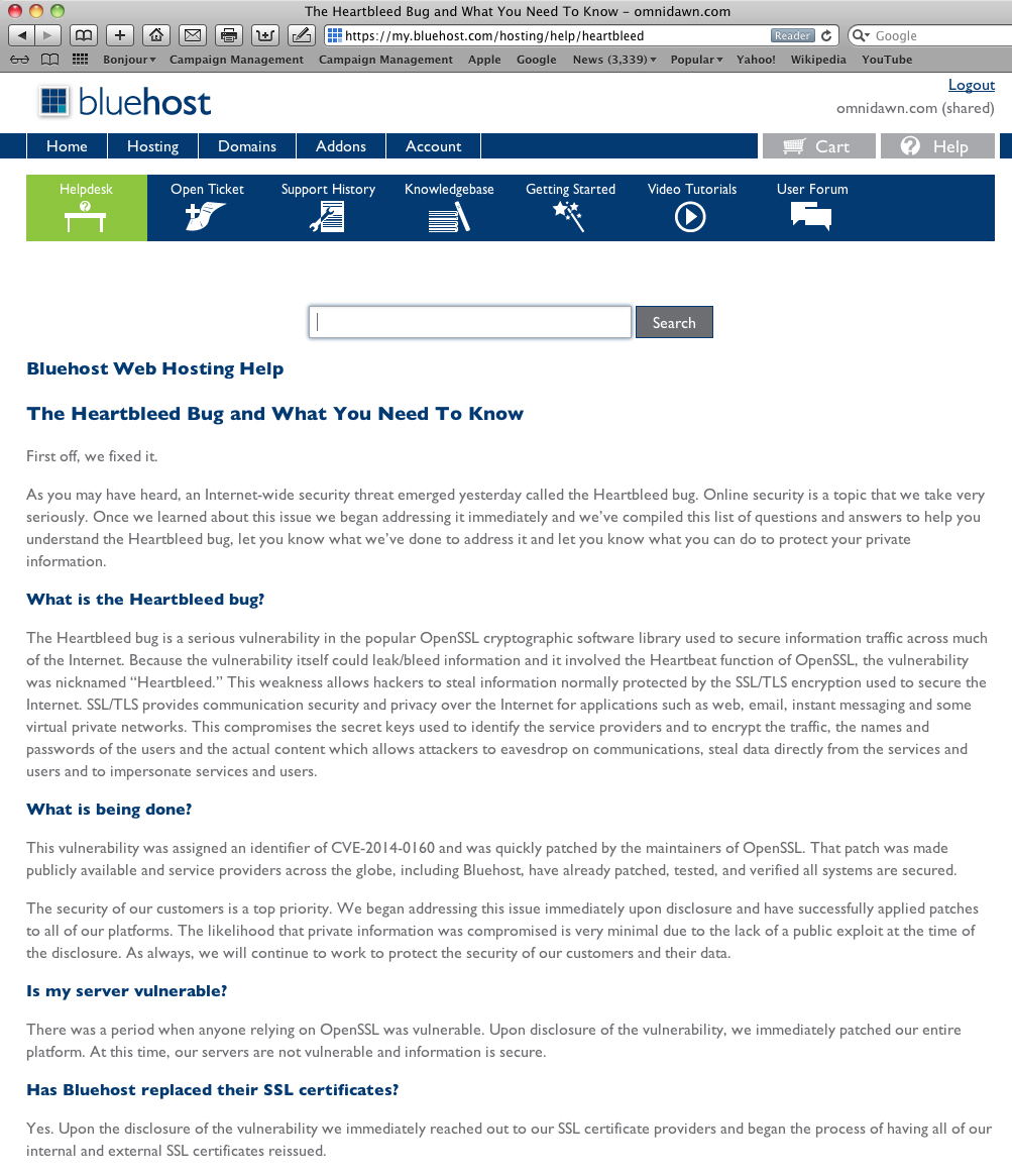 Bluehost and Omnidawn.net Safe from Heartbleed
