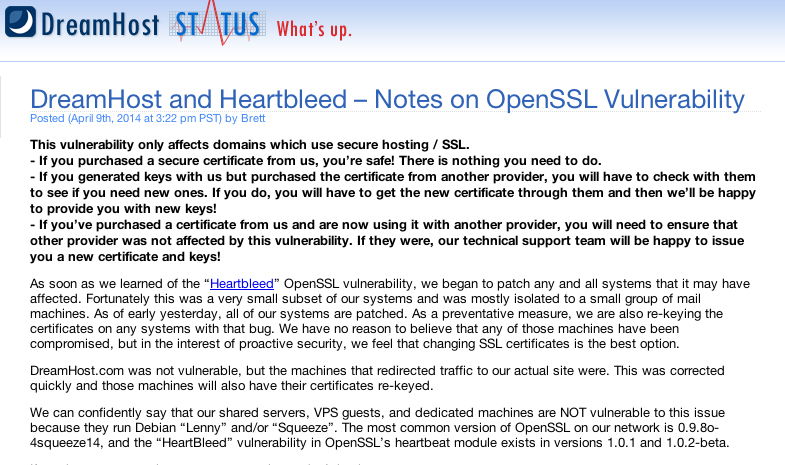 Dreamhost and Omnidawn.net Safe from Heartbleed